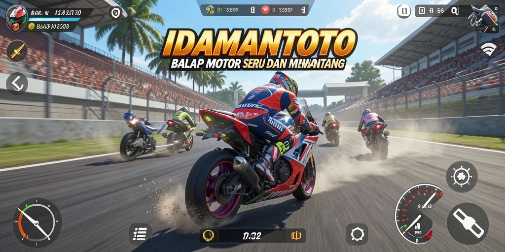 Antarmuka permainan IDAMANTOTO yang menampilkan aksi balap motor yang seru.