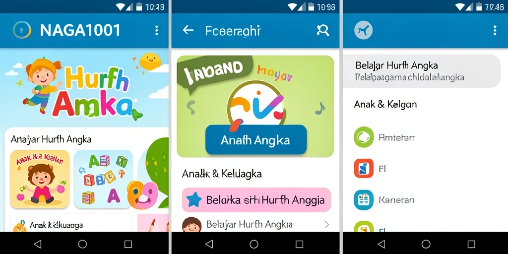 Screenshot NAGA1001 menampilkan antarmuka belajar huruf dan angka yang menarik.